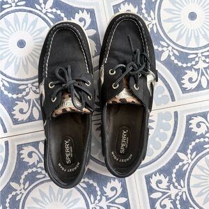 Sperry Black Canvas Boat Shoes with Leopard Accent